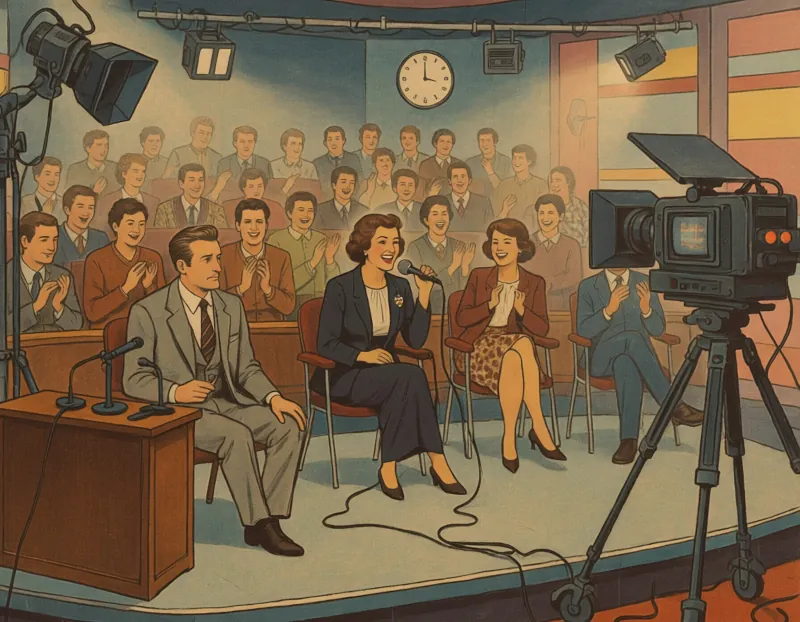 Televízne štúdio, žena hovorí do mikrofónu, publikum tlieska.