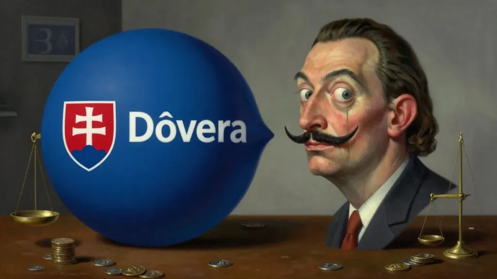 Maľba Dalího, modrá bublina Dôvera, váhy a mince.