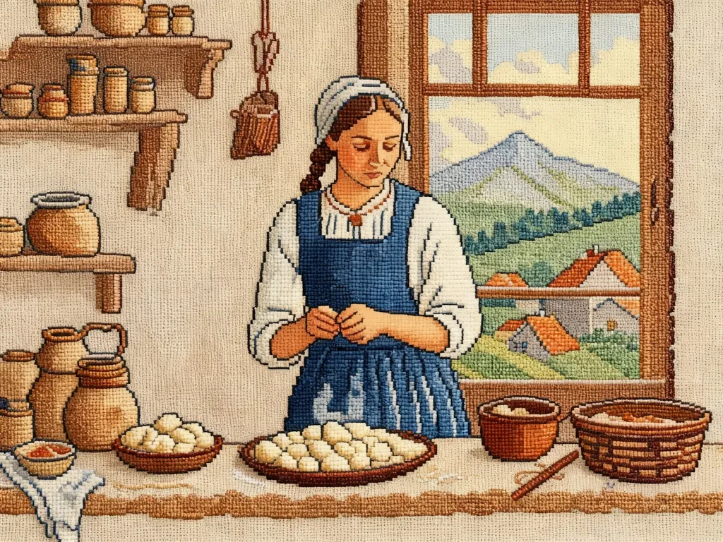 Vyšívaný obraz: žena pripravuje halušky v tradičnej kuchyni.
